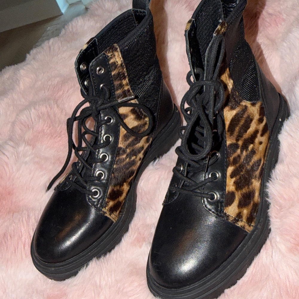 Vince Camuto Black Lace-Up Boots with Leopard Accent